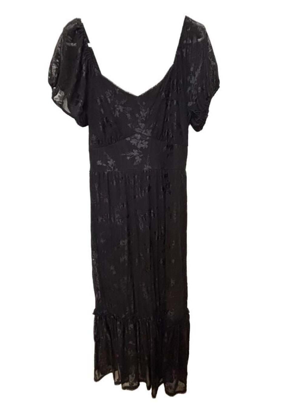 Ember Women's Black Floral Burnout Mesh Puff Sleeve Ruffle Hem Maxi Dress